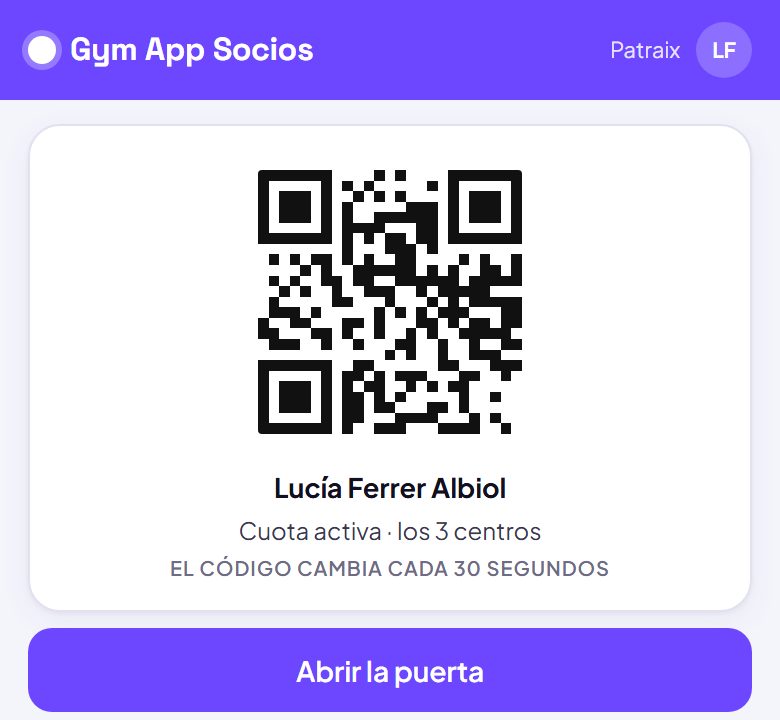 Código QR de acceso en la app de socios con el botón para abrir la puerta del gimnasio